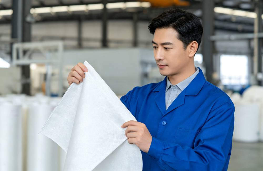 Chinese factory quality control worker inspecting fire blanket stitching before bulk shipment to NGO fire safety programs worldwide today Chinese factory quality control worker inspecting fire blanket stitching before bulk shipment to NGO fire safety programs worldwide today
