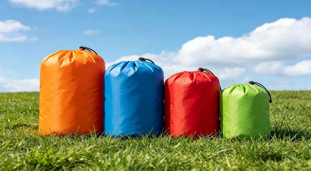 Wide angle view of colorful emergency sleeping bag family collection on green grass with blue sky and white clouds, various solid colors orange blue red green, professional commercial product photography
