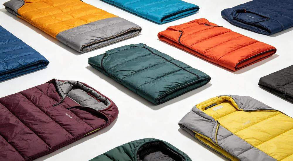 Wide angle view of multiple institutional sleeping bags in different colors arranged neatly on white background, product showcase, studio lighting, professional e-commerce photography Wide angle view of multiple institutional sleeping bags in different colors arranged neatly on white background, product showcase, studio lighting, professional e-commerce photography