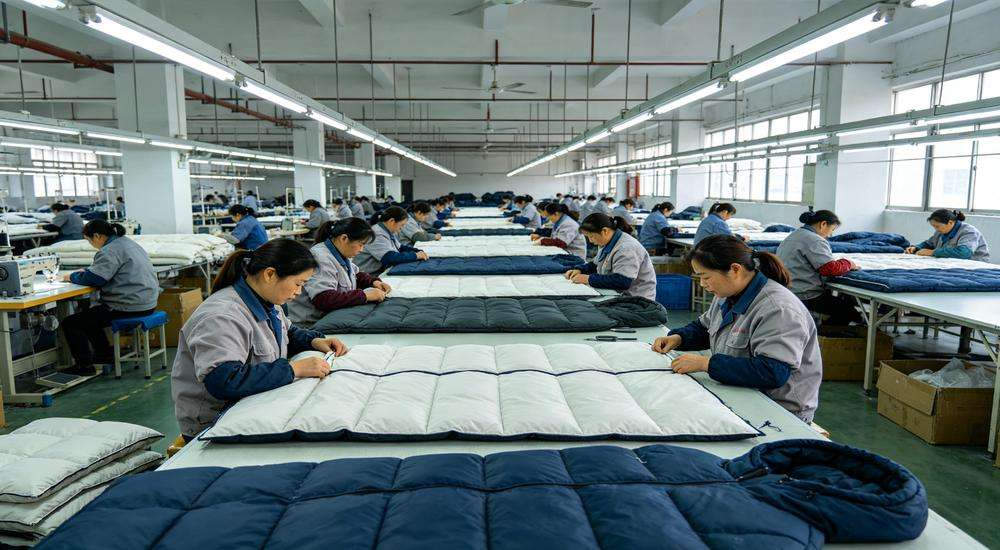 Wide angle view of factory quality control inspection, workers checking sleeping bag stitching and fabric on production line, China manufacturing facility, professional industrial photography Wide angle view of factory quality control inspection, workers checking sleeping bag stitching and fabric on production line, China manufacturing facility, professional industrial photography