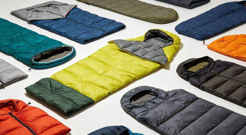 Wide angle view of various custom sleeping bag configurations laid out, different sizes colors and thickness, product comparison display, studio lighting