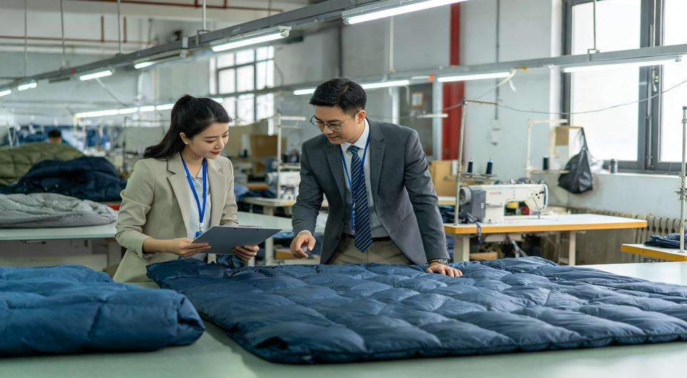 Wide angle view of factory audit and supplier screening, inspector checking sleeping bag production facility, professional industrial photography Wide angle view of factory audit and supplier screening, inspector checking sleeping bag production facility, professional industrial photography