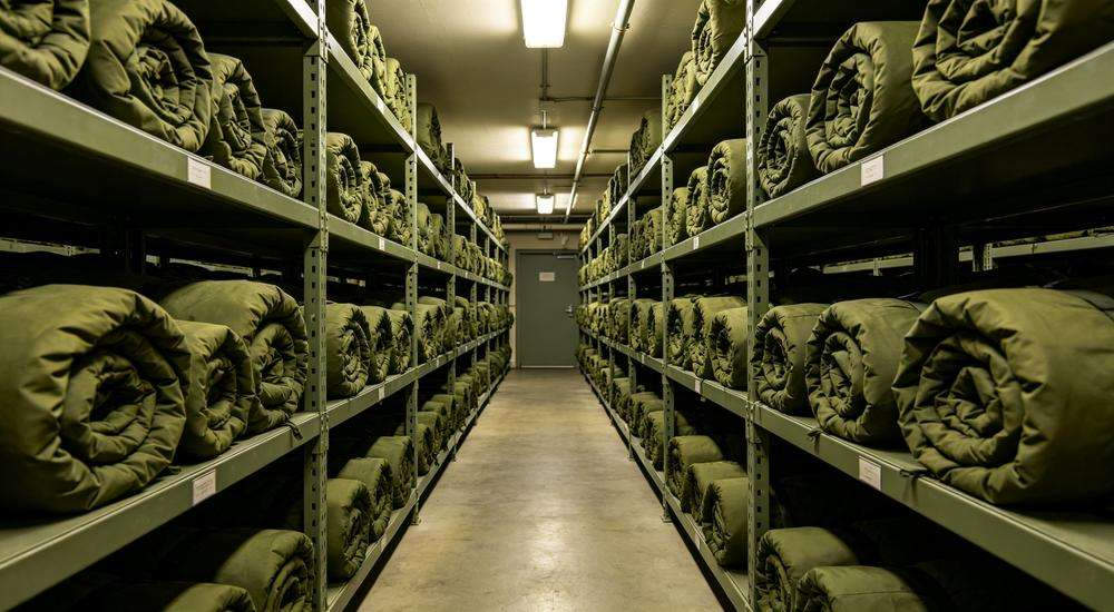 Wide angle view of military storage room with olive green sleeping bags rolled on metal shelves, army institutional use, organized inventory Wide angle view of military storage room with olive green sleeping bags rolled on metal shelves, army institutional use, organized inventory
