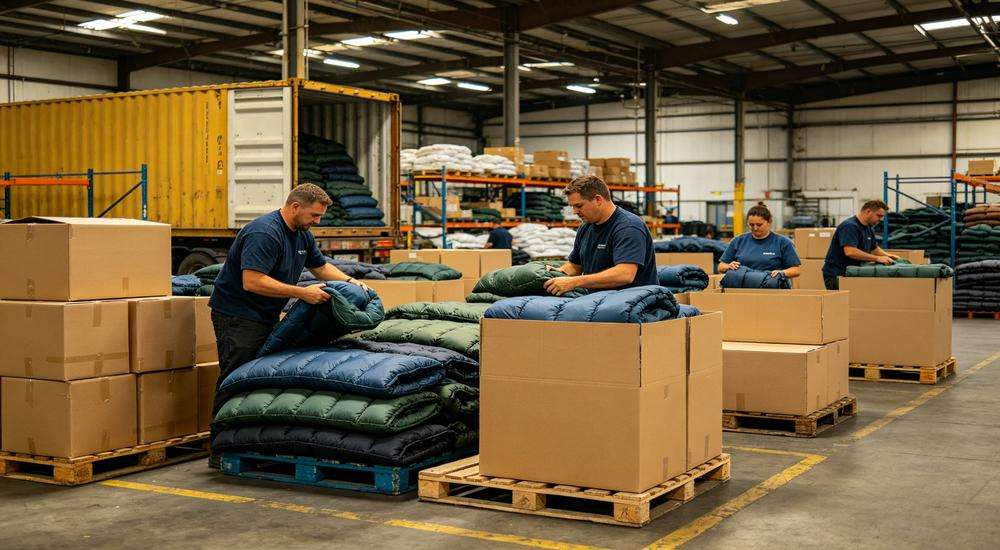 Wide angle view of factory workers packing sleeping bags into export cartons on pallets, container loading logistics, warehouse environment