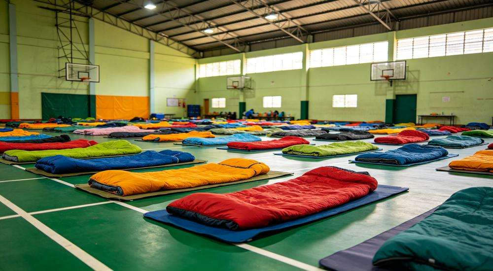 Wide angle view of Southeast Asian emergency shelter with colorful sleeping bags arranged in gymnasium, disaster relief accommodation, bright indoor Wide angle view of Southeast Asian emergency shelter with colorful sleeping bags arranged in gymnasium, disaster relief accommodation, bright indoor