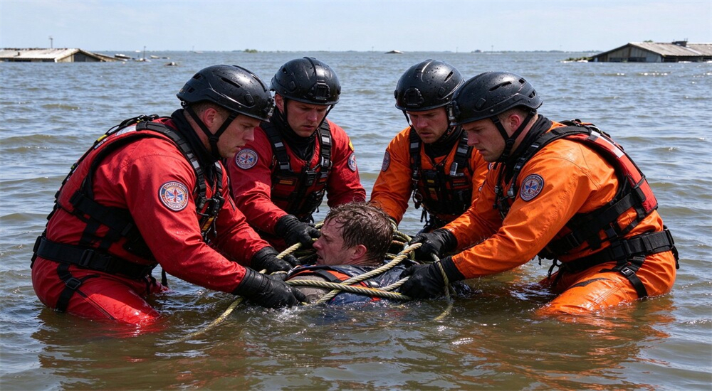 Rescue team discussing plan at riverbank wearing swift water rescue boots near boat
