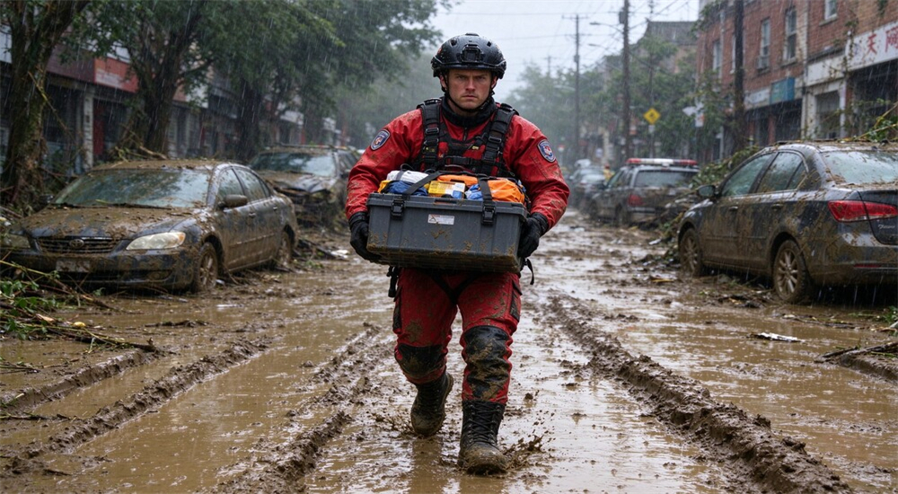 Waterproof rescue boots stepping into muddy brown floodwater close up, neoprene upper splashed with mud, flood response boots for dirty urban floods