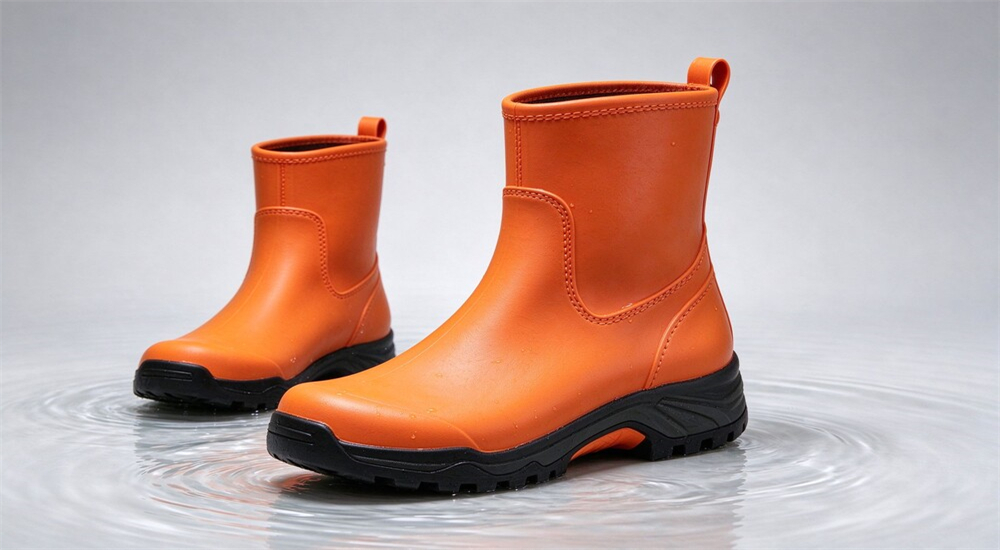 Orange waterproof rescue boots on wet boat deck close up, molded rubber outsole gripping slippery fiberglass, high visibility color for coastal rescue