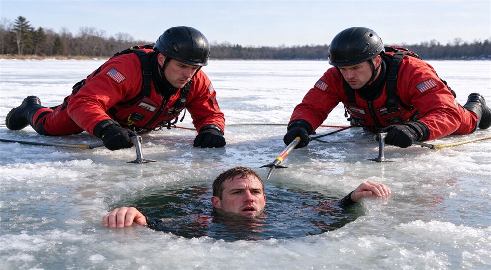 Ice rescue team operating on thin frozen lake wearing insulated neoprene boots, non slip sole on smooth ice, thin ice rescue operation in winter