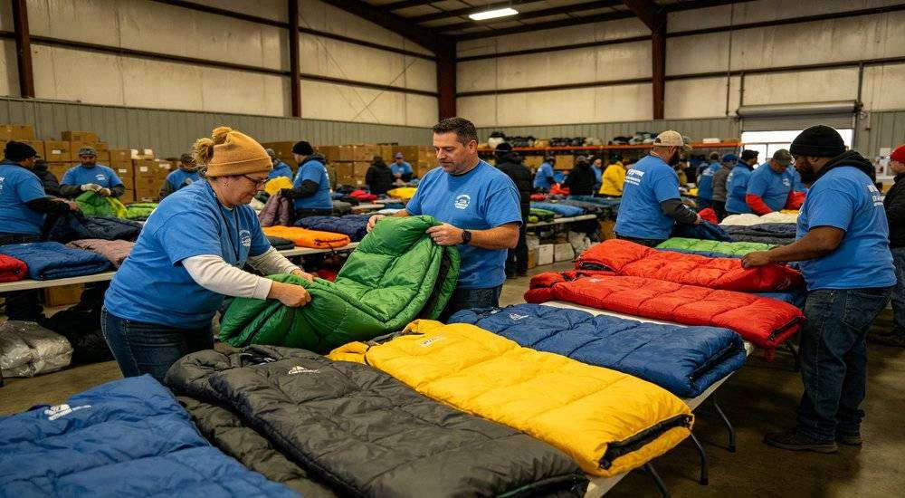 Wide angle view of disaster relief distribution center volunteers handing out colorful sleeping bags warehouse