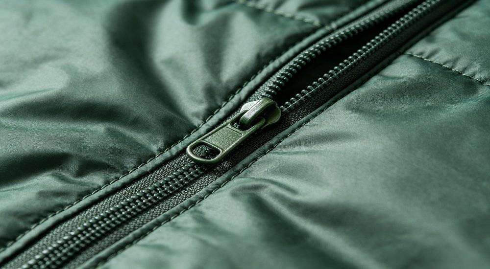 Close up detail of durable sleeping bag fabric texture and heavy duty zipper stitching institutional quality