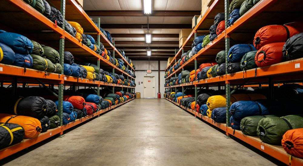 Wide angle view of long term sleeping bag reserve storage climate controlled warehouse emergency preparedness