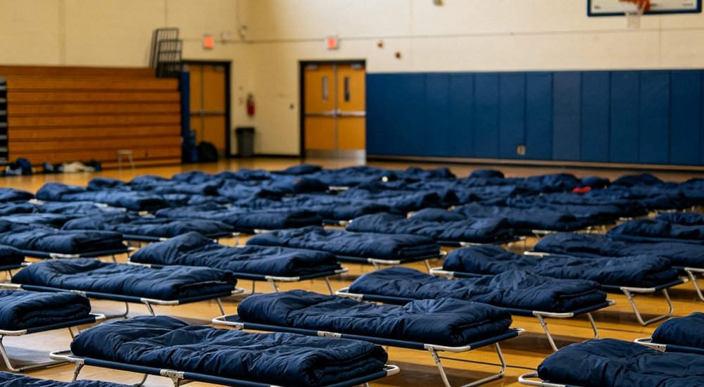 Interior wide angle view of emergency shelter gymnasium with rows of navy blue sleeping bags placed on metal cots organized for displaced people during humanitarian disaster response operationInterior wide angle view of emergency shelter gymnasium with rows of navy blue sleeping bags placed on metal cots organized for displaced people during humanitarian disaster response operation
