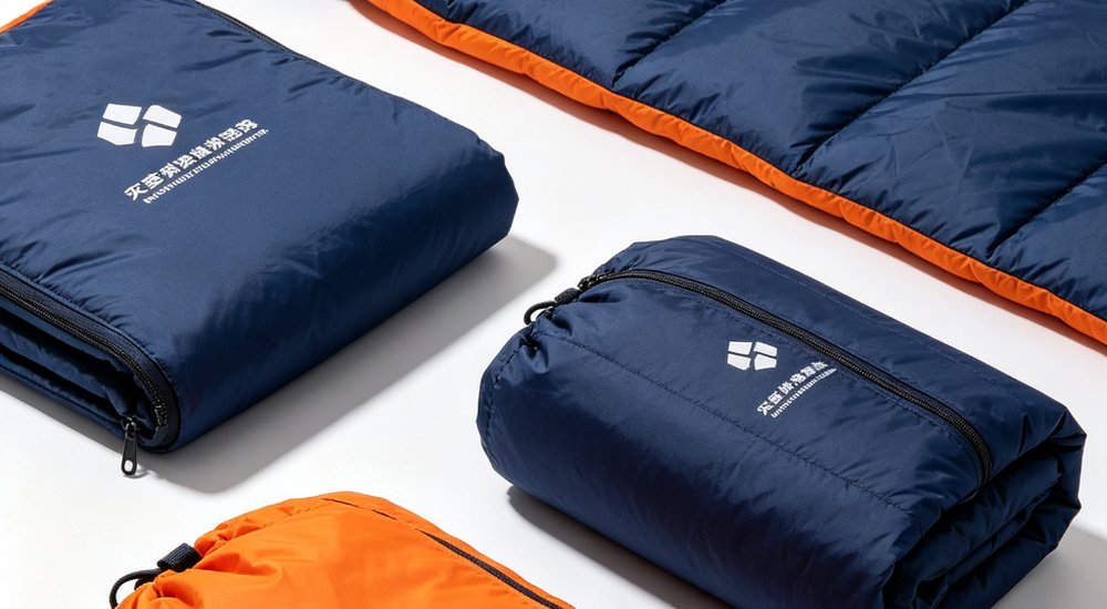 Professional studio product shot of disaster relief sleeping bag in navy blue and orange colors displayed on clean white background with soft lighting for commercial product photography