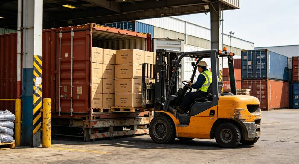 Shipping container loaded with sleeping bag boxes being moved by forklift in warehouse export logistics industrial warehouse environment with bright overhead lighting