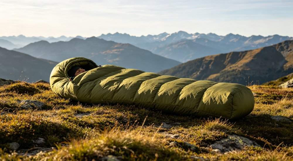 Mummy style sleeping bag with hood and tapered design in olive green on mountain trail cold weather outdoor gear alpine environment with snow peaks professional outdoor photography