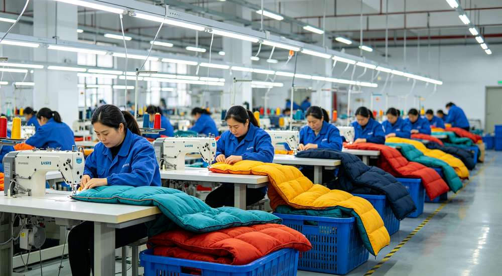 Sleeping bag factory production line with Asian Chinese workers in blue uniforms sewing and assembling colorful sleeping bags at industrial sewing machines bright modern factory workshop workers focused on tasks professional manufacturing environment overhead lighting.