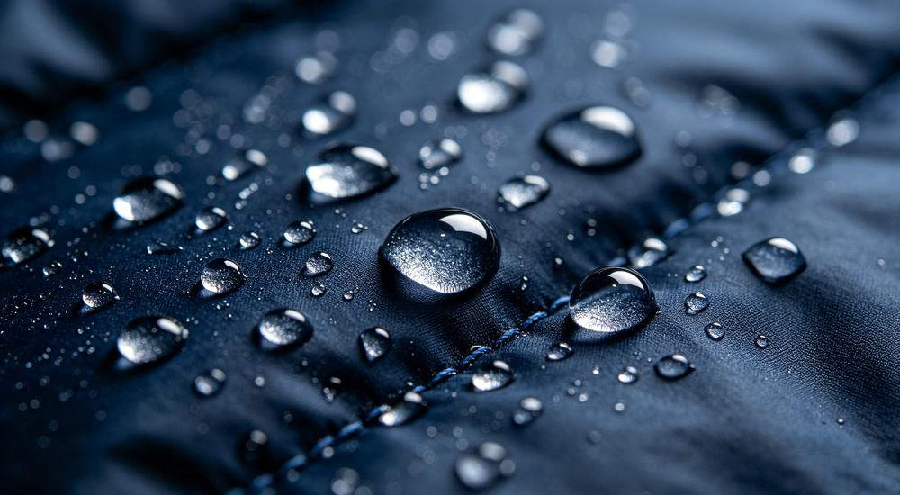 Close-up macro photography of sleeping bag material layers showing outer shell fabric and inner soft lining, OEM sleeping bag material detail, professional macro product photography