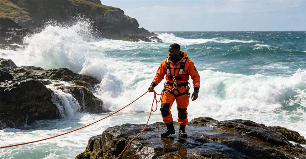 Action shot of coastal rocky shore rescue team throwing swift water rescue rope across white surf at jagged reef line showing real-world deployment conditions and team coordination