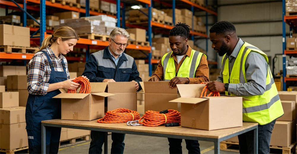 Team shot of warehouse workers preparing wholesale rescue rope bulk order for packaging and outbound shipment for wholesale supply chain and bulk order fulfillment for wholesale supply chain and bulk order fulfillment