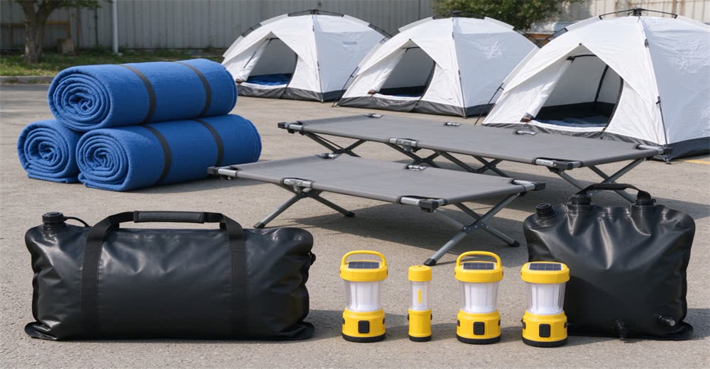 Flat lay product family display of refugee relief supplies including blue wool blankets, folding cots, solar lanterns, emergency shelter tents and water bladders arranged on white background for NGO procurement