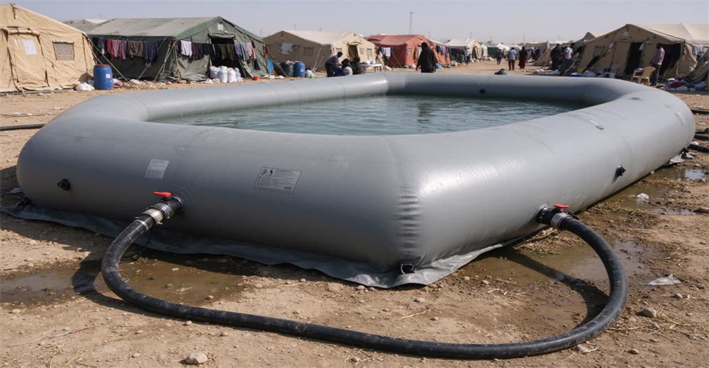 Front view of large blue collapsible water storage bladder on ground at refugee camp, showing potable water storage solutions for emergency relief and humanitarian aid supply chains