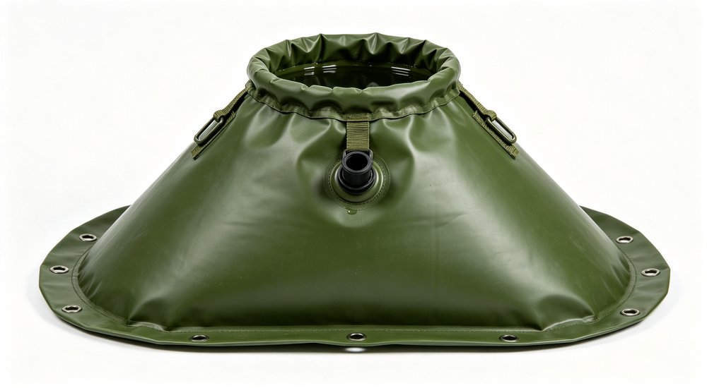 Portable water bladder for decon tent, flexible water storage, product shot red and white inflatable emergency shelter for disaster relief operations