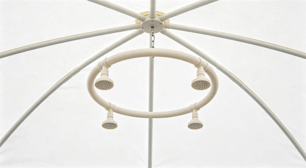Simple circular shower ring for decontamination tent made of PVC pipe with 4 basic plastic spray nozzles, white background product shot
