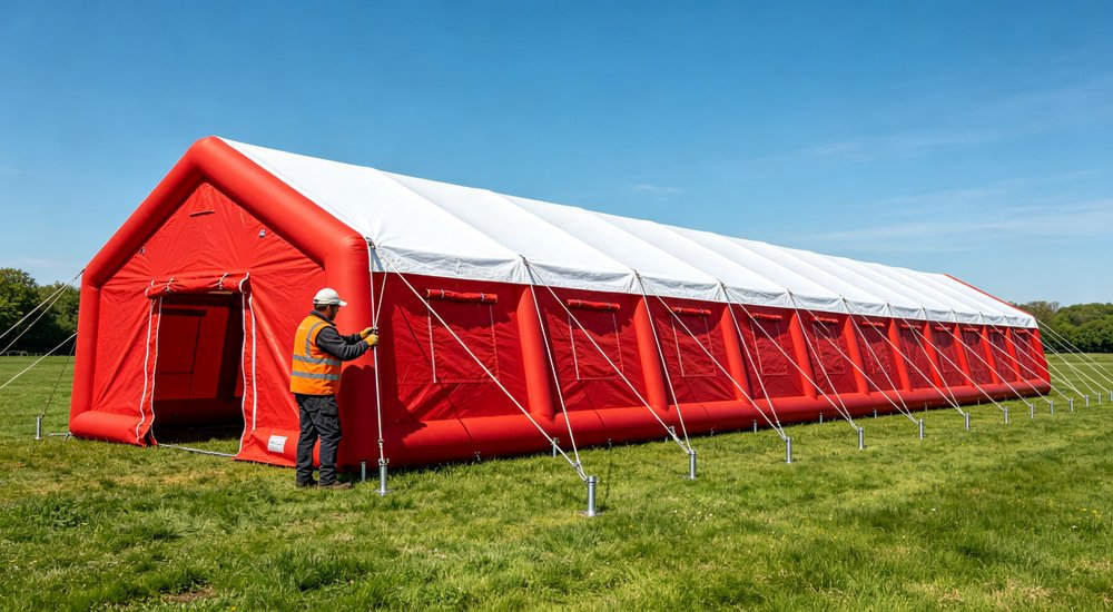 FAQ anchoring methods comparison showing stakes sandbags and guylines, product shot red and white inflatable emergency tent for disaster relief operations