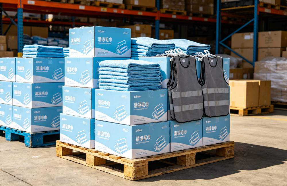 Warehouse shelf stocked with cooling towels and cooling vests ready for wholesale comparison and bulk procurement