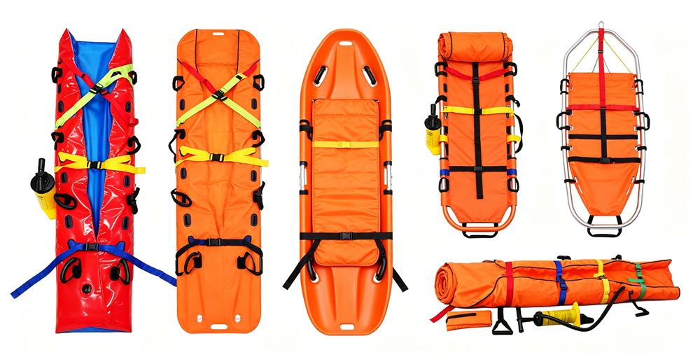 Eye level shot of orange vacuum rescue stretcher floating on murky flood water with rescuer in orange suit standing beside patient for wholesale bulk water rescue equipment supply