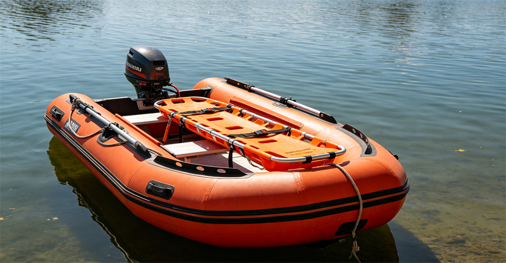 Closeup of emergency folding stretcher side storage pocket showing built in accessory storage design for wholesale bulk water rescue equipment supply