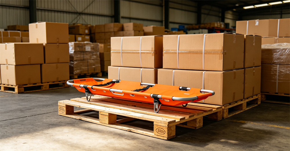 Closeup of custom printed OEM logo on blue sked rescue stretcher showing available branding service for wholesale bulk water rescue equipment supply