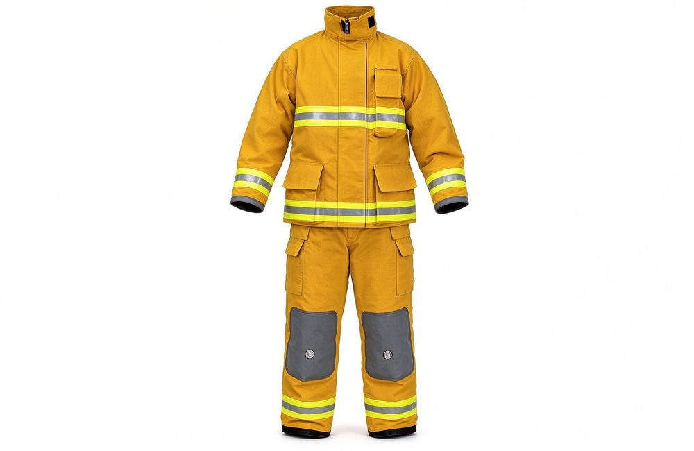 Side view of complete yellow and black firefighter turnout gear set shown on clean background, NFPA 1971 ensemble for structural firefighting wholesale supplier product angle for firefighter turnout gear wholesale buyers