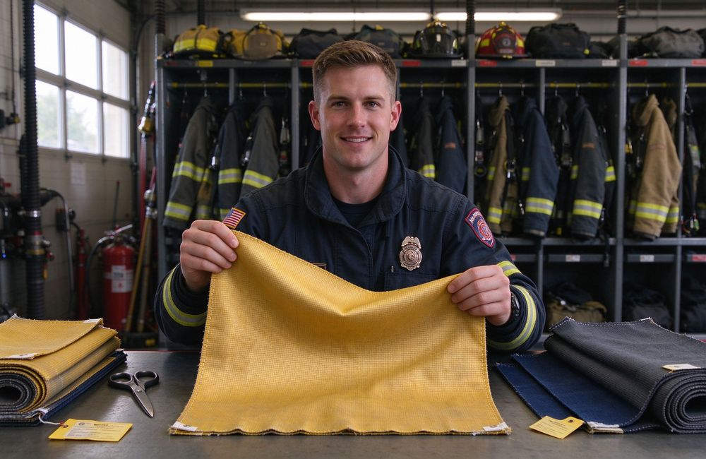 Close-up view of firefighter holding Nomex shell fabric samples, turnout gear fabric comparison, bulk firefighter turnout gear material supplier for firefighter turnout gear wholesale buyers