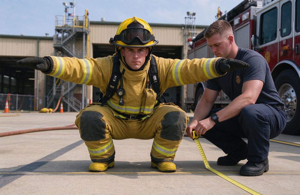 Flat-lay view of firefighter mobility squat test in full turnout gear, turnout gear sizing and fit test, fire department turnout gear for dark yellow firefighter turnout gear wholesale buyers
