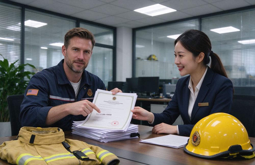 Overhead view of buyer reviewing turnout gear certificate documents with supplier, NFPA 1971 EN 469 verification, white documents firefighter turnout gear factory compliance check for firefighter turnout gear wholesale buyers