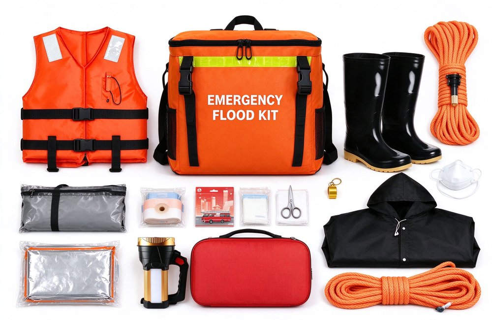 Emergency flood kit contents spread flat lay with certified life jacket rain boots rope thrower waterproof dry bag shovel flashlight first aid for flood response evacuation