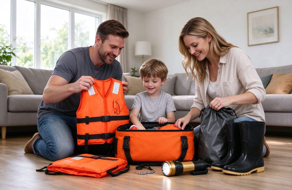Family using emergency flood kit at home with life jacket waterproof bag flood evacuation preparedness for households schools flood prone communities