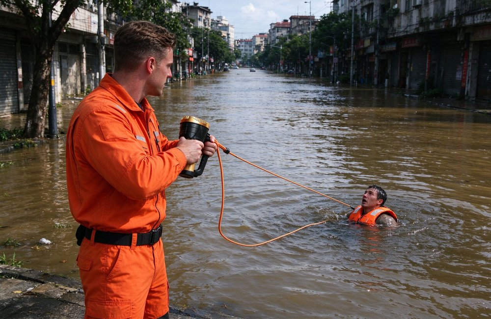 Flood rescue operation with emergency kits by rescue workers using rope thrower in deep flood water for humanitarian relief government disaster response