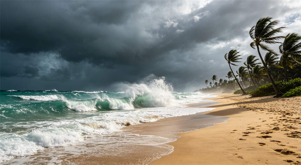 Hurricane waves crashing on beach shoreline with dark storm clouds, dramatic coastal storm scene for bulk hurricane supplies and emergency preparedness kit guide
