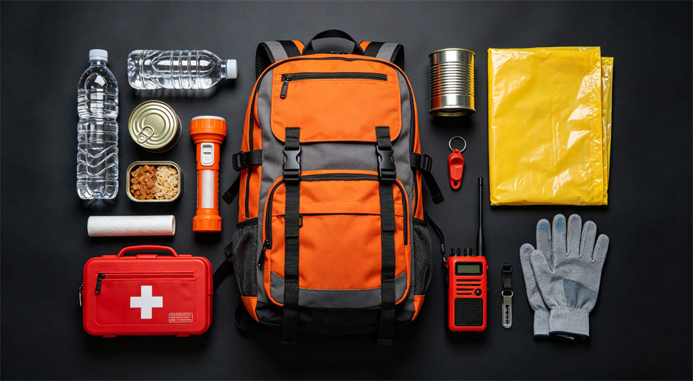 Complete hurricane emergency kit laid out flat showing all supplies including food water first aid flashlight radio, bulk preparedness kit overview for NGO procurement