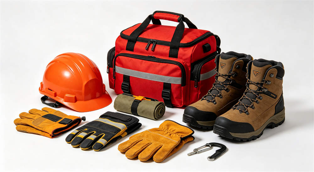 Standard emergency kit set displayed on white background including helmet gloves boots and backpack, comprehensive hurricane kit configuration for medium organizations