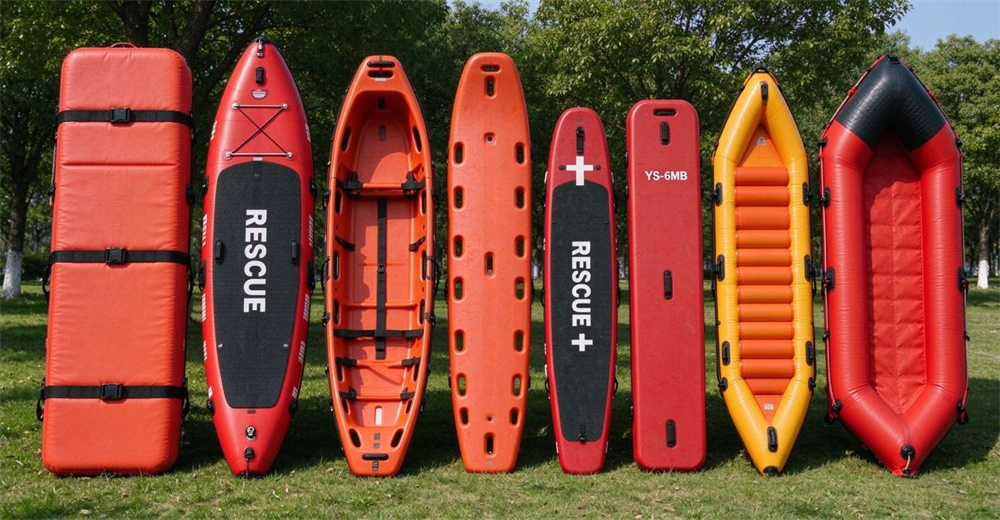Eight types of water rescue floating platform products with authentic designs: foam-filled platform with straps, PVC inflatable board, ABS basket stretcher with handle holes, spinal board, ice rescue board with RESCUE cross, YS-6MB, yellow TPU board, inflatable floating bridge.