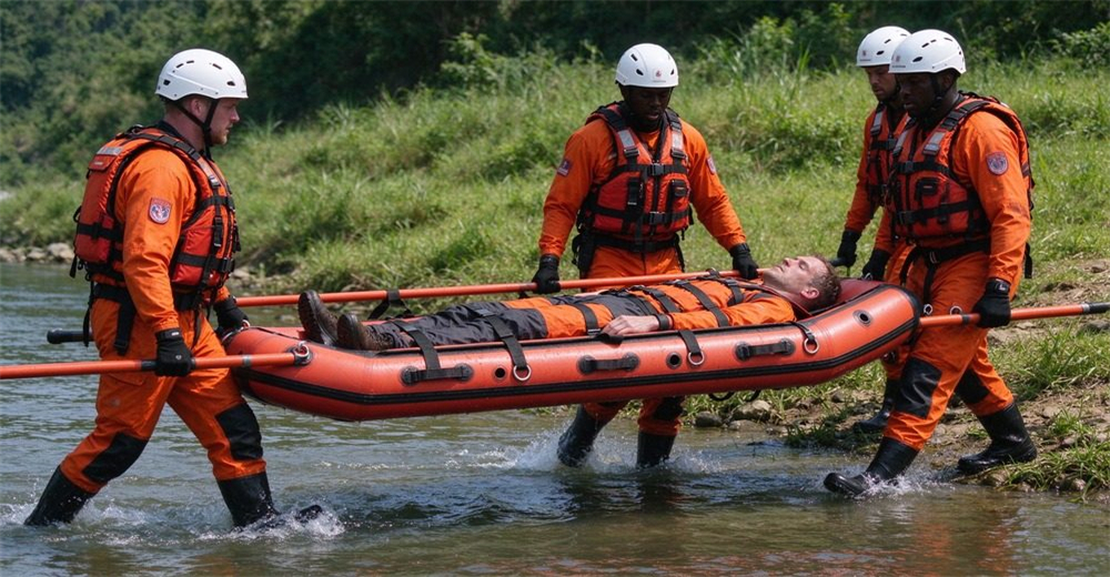 Foam-filled floating platform with horizontal straps converted to stretcher mode, two 2m aluminum poles inserted into side sleeves, four rescuers carrying patient from water to land, authentic product design. Foam-filled floating platform with horizontal straps converted to stretcher mode, two 2m aluminum poles inserted into side sleeves, four rescuers carrying patient from water to land, authentic product design.