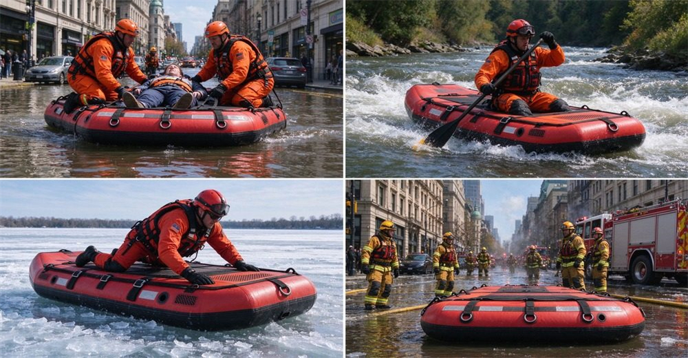 Four-scene collage showing water rescue floating platform in urban flood, river lake, ice surface and fire department emergency scenarios, multi-application demonstration.