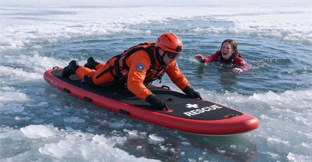Type 5 authentic narrow ice rescue crawling board MARSAR style, red-orange border, black anti-slip EVA surface, white RESCUE text with cross, multiple handles, rescuer in full ice suit lying prone crawling on cracked ice toward victim.