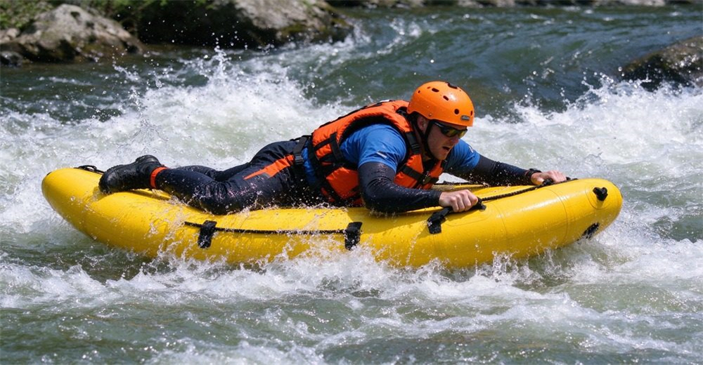 Type 7 authentic TPU water rescue floating board RJ-CQDJ-PFB, bright yellow color, inflatable soft stretcher with horizontal ribbed air tubes, black straps with buckles, carry handles, manual hand pump, laid on outdoor grass.
