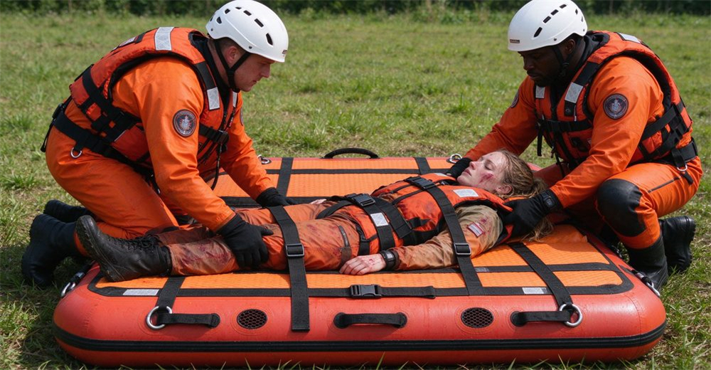 Two rescuers fastening black fixing straps with buckles across patient chest, waist and thighs on authentic foam-filled platform with horizontal straps, webbing handles and drainage holes, close-up strap detail on grass. Two rescuers fastening black fixing straps with buckles across patient chest, waist and thighs on authentic foam-filled platform with horizontal straps, webbing handles and drainage holes, close-up strap detail on grass.