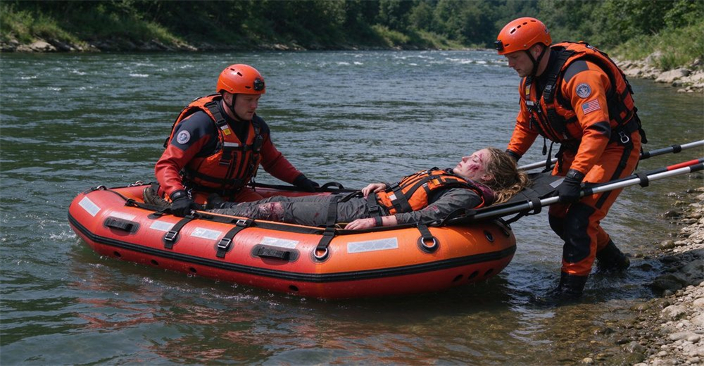 Water-to-land relay: rescuer in waist-deep river water guiding authentic foam-filled platform with straps carrying patient, two rescuers on sandy bank with traditional wheeled stretcher ready to receive, seamless handoff scene. Water-to-land relay: rescuer in waist-deep river water guiding authentic foam-filled platform with straps carrying patient, two rescuers on sandy bank with traditional wheeled stretcher ready to receive, seamless handoff scene.